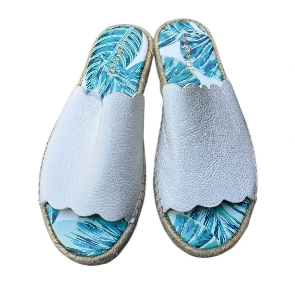 J. Mclaughlin Pebbled Leather Aires Slides Tropical Espadrille Sandals Shoes 7M